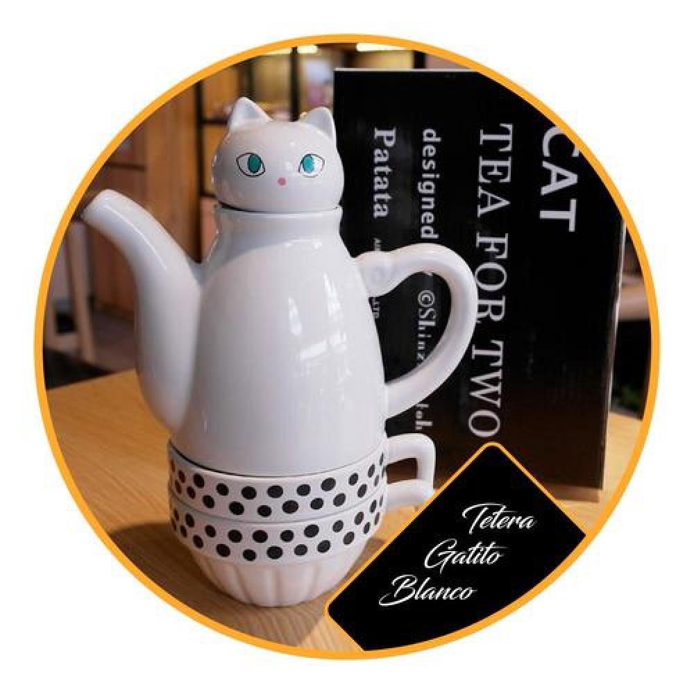 Set Cerámica Té Gatito, Tetera Con Infusor 2 Tazas Gato Cat