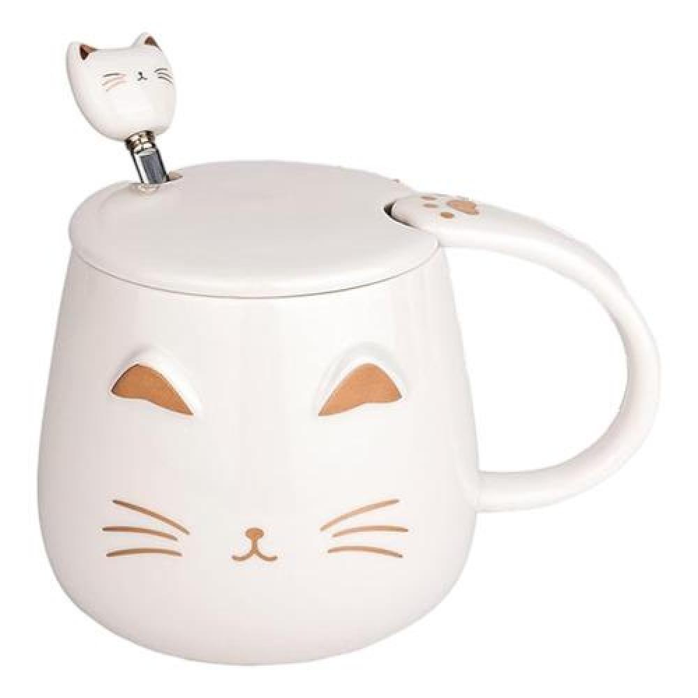 Tazón cerámica gato bigotes orejas dorados c/ tapa- cuchara