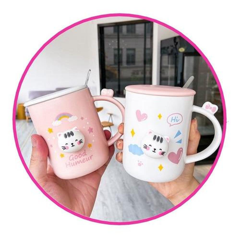 Tazón gatito 3D kawaii con tapa y cuchara