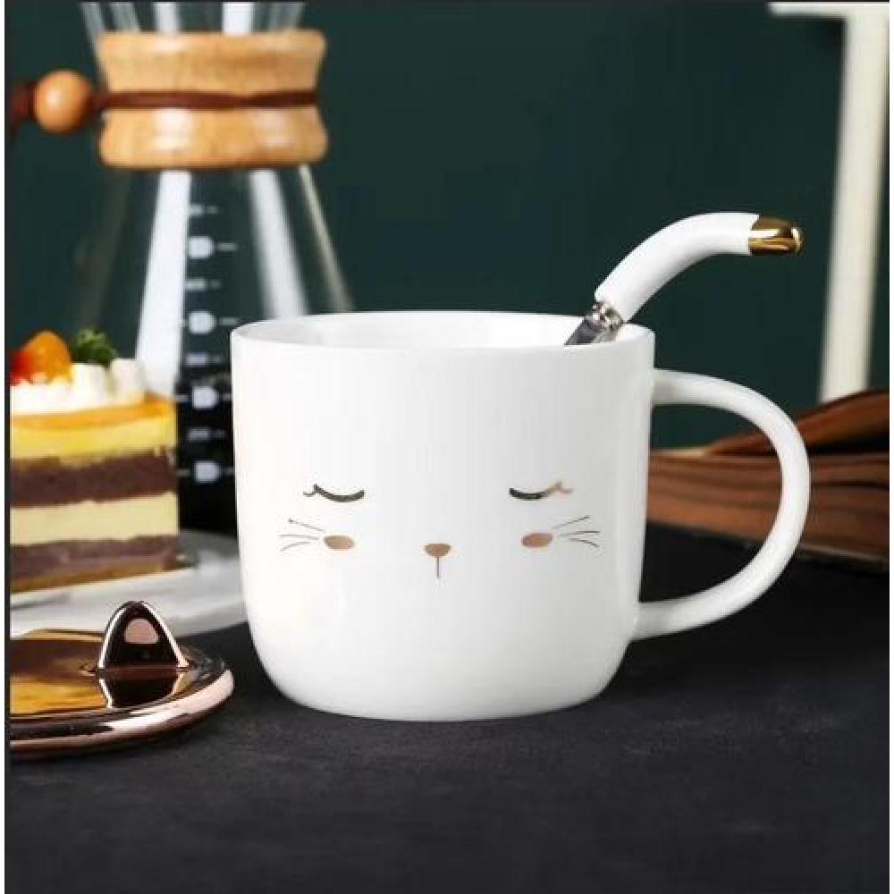 Taza gatito con tapa orejas y cuchara dorado gold
