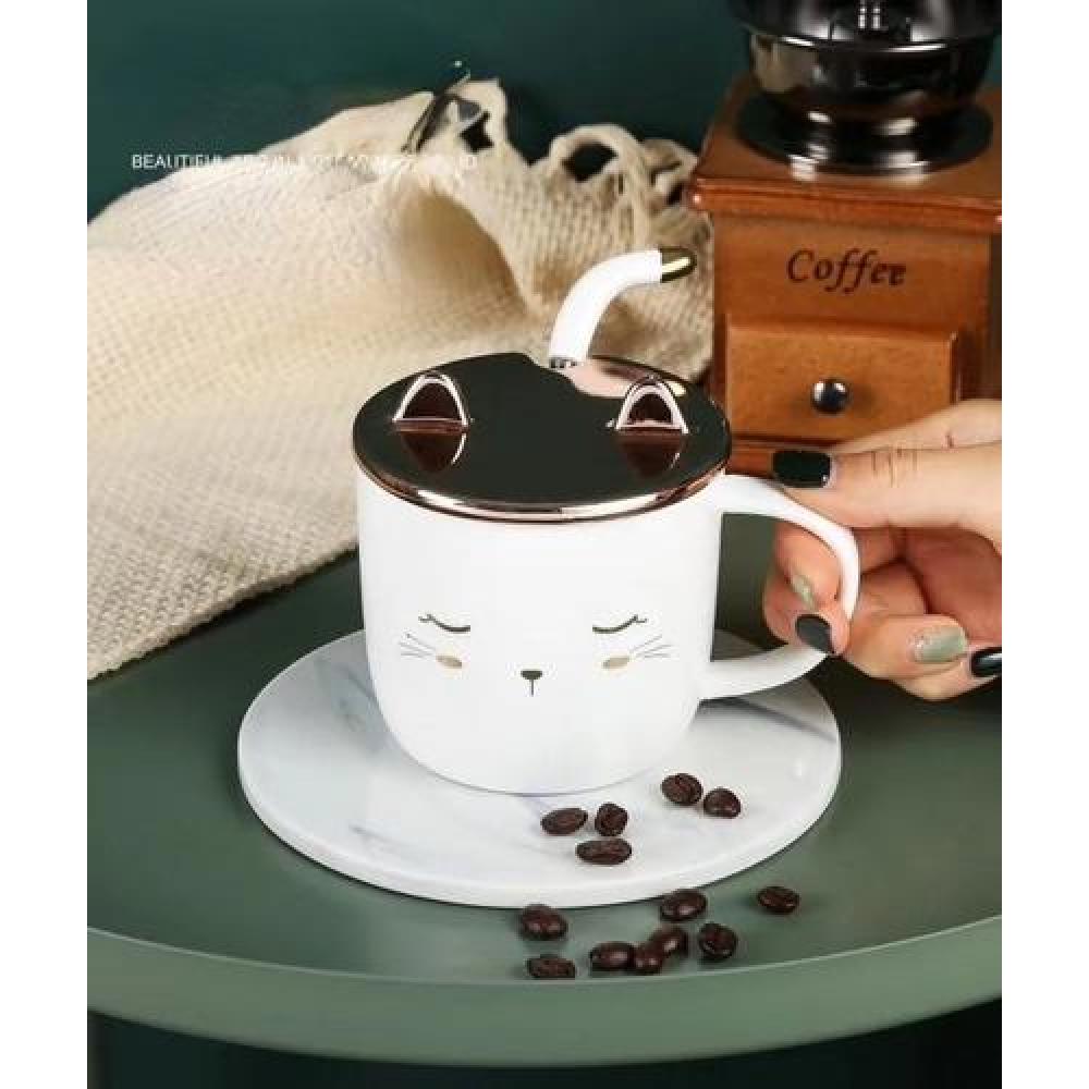 Taza gatito con tapa orejas y cuchara dorado gold