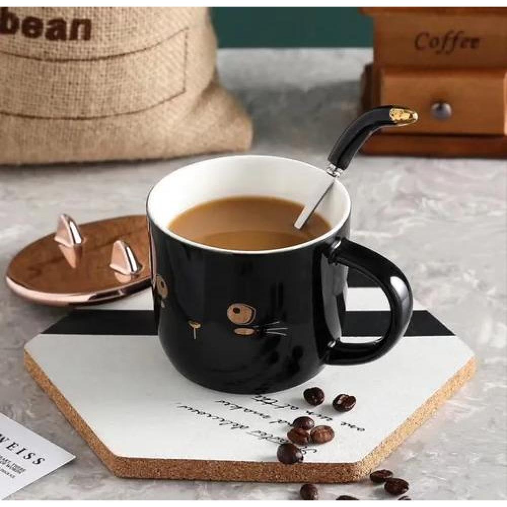 Taza gatito con tapa orejas y cuchara dorado gold