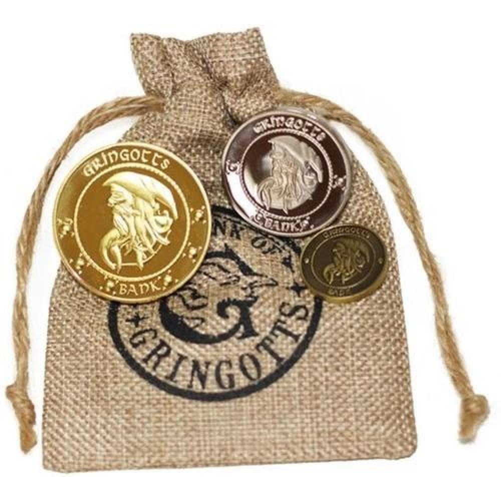 Bolsa de banco Gringotts con 3 monedas Harry Potter