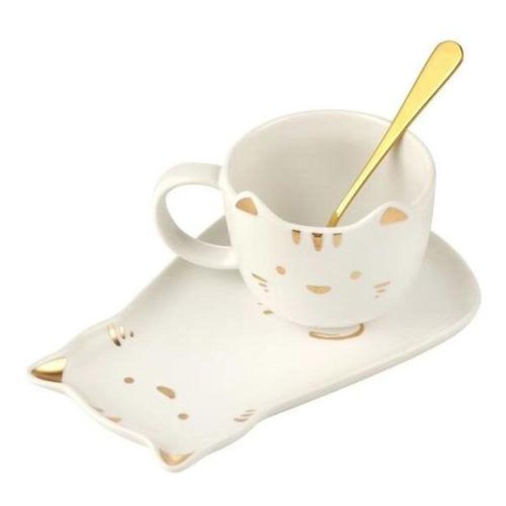 Set Cerámica tazón plato y cuchara cute cat dorado =^.^=