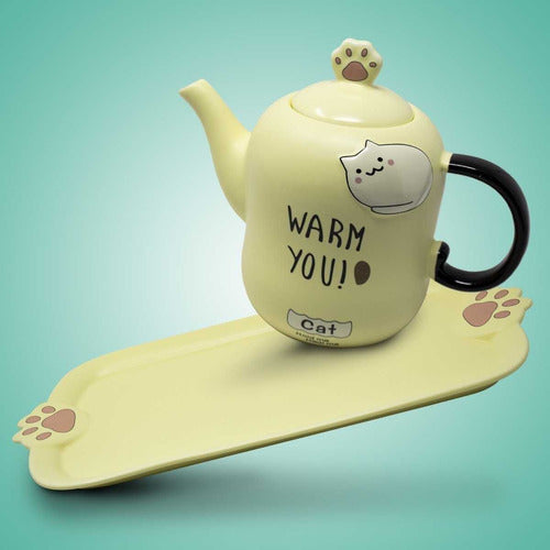 Set cerámica gatuna tetera + 4 tazas + bandeja