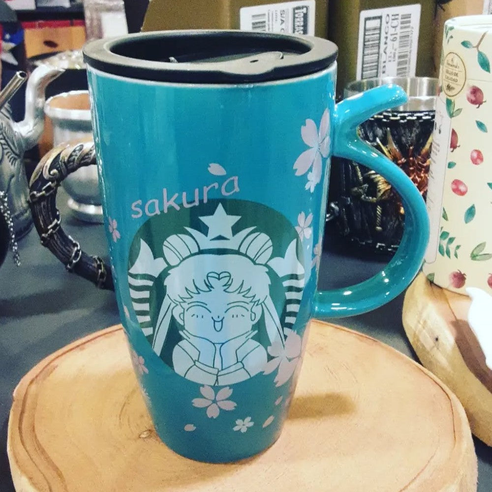 Tazon con bombilla y cuchara Sailor moon flor sakura