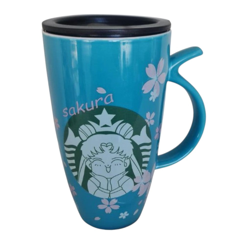 Tazon con bombilla y cuchara Sailor moon flor sakura