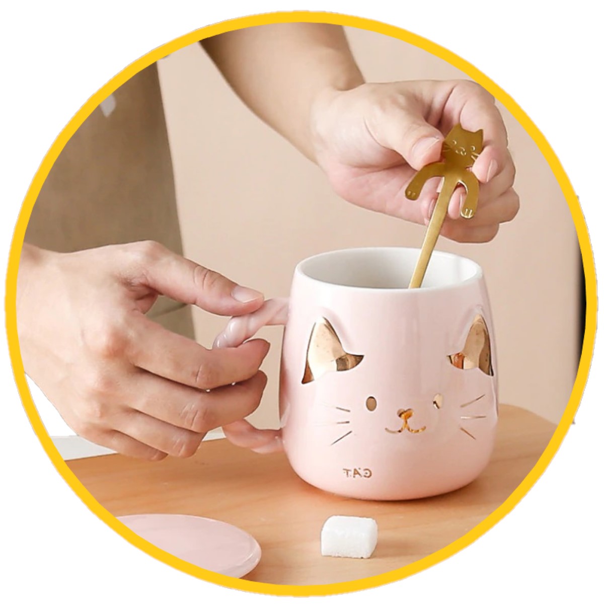 Tazón Cerámica gatito nariz corazón dorado C/ cuchara