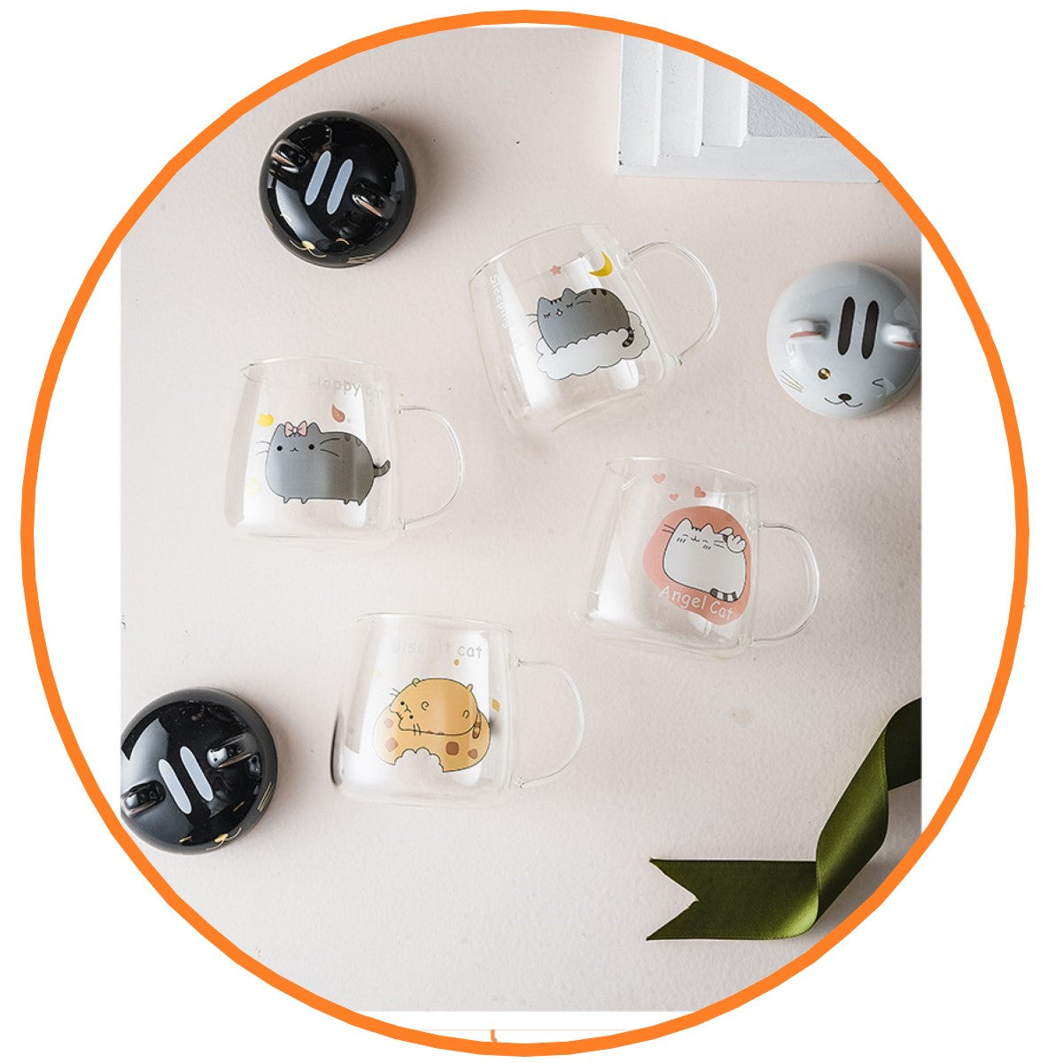 Taza vidrio templado gatito asa cola