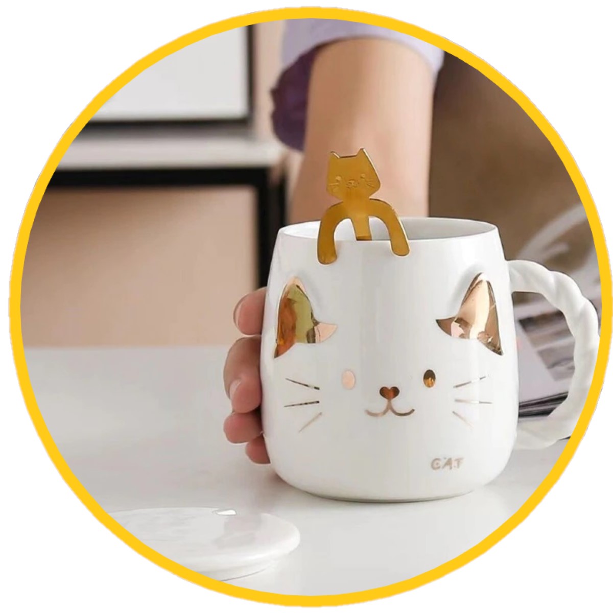 Tazón Cerámica gatito nariz corazón dorado C/ cuchara