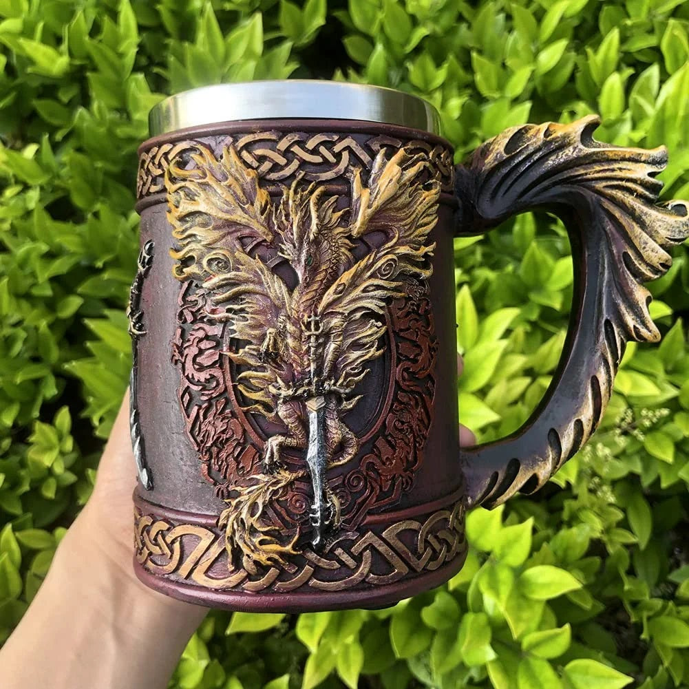 Tazón taza 3D Dragón flamas de fuego Fenix espada vikingo