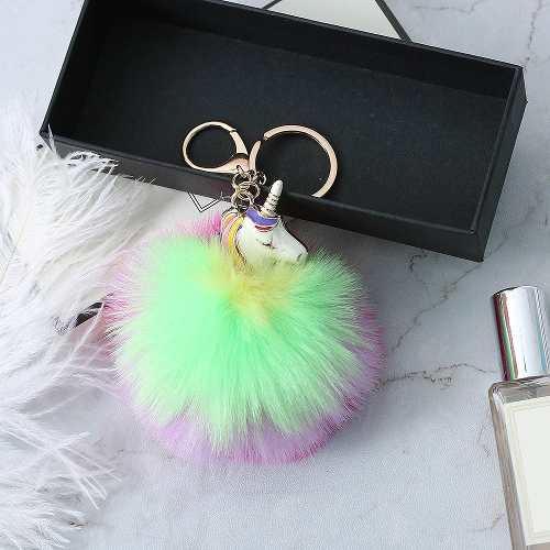 Llavero De Pompom Unicornio Brillante Arcoiris Kawaii