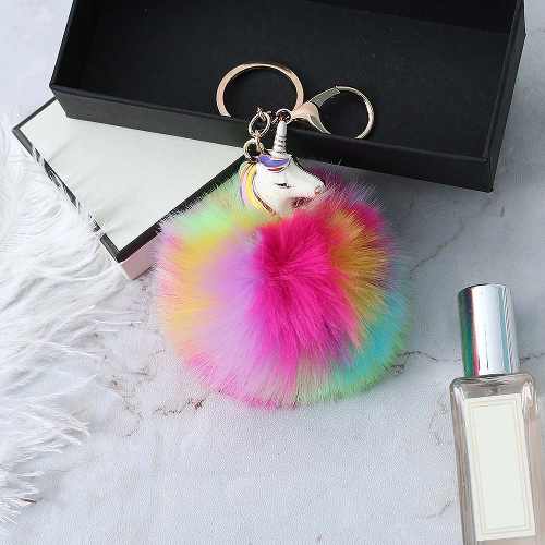 Llavero De Pompom Unicornio Brillante Arcoiris Kawaii