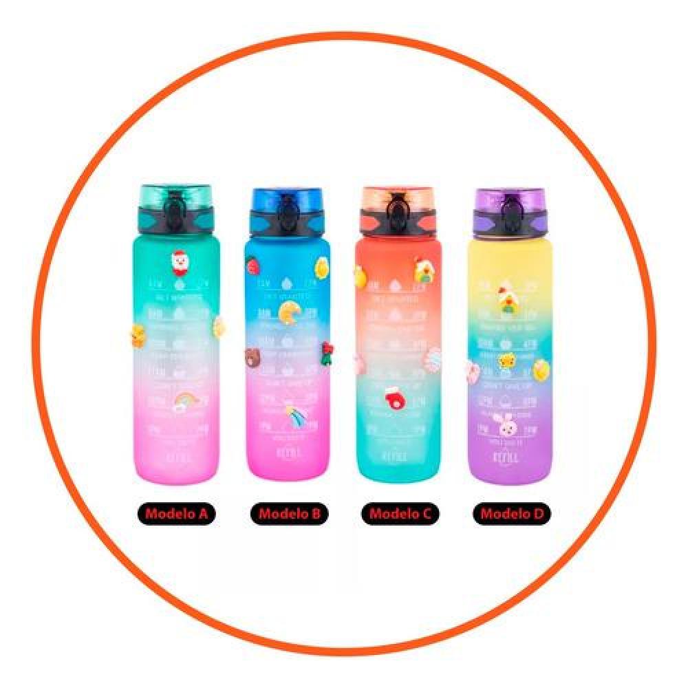 Botella deportiva C/sticker 3D motivadora multicolor kawaii