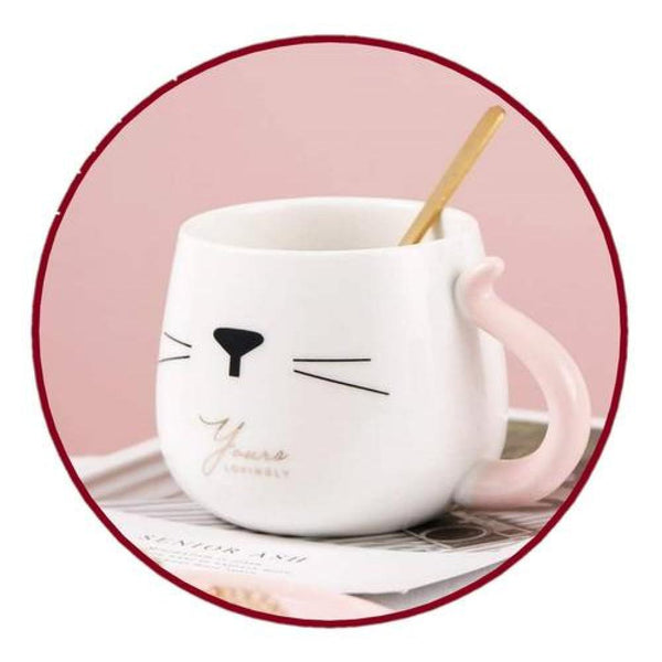 Taza Gatito c/ plato corazón y cuchara Kawaii