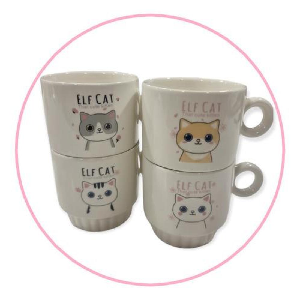 Set 4 Tazas verticales Gatito Elfo Elf Cat Cute kawaii