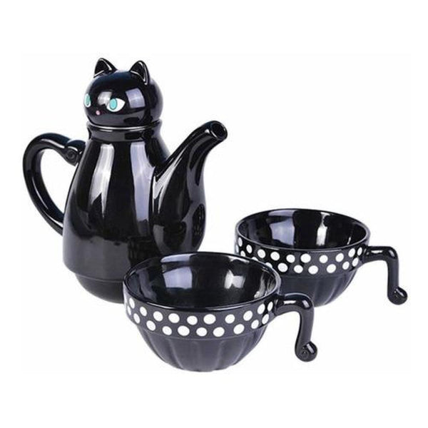 Set Cerámica Té Gatito, Tetera Con Infusor  2 Tazas Gato Cat