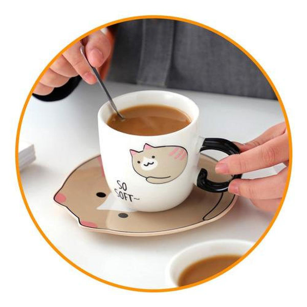 Taza de Gato con plato y Cuchara kawaii