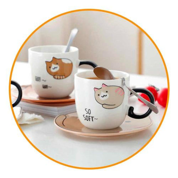Taza de Gato con plato y Cuchara kawaii