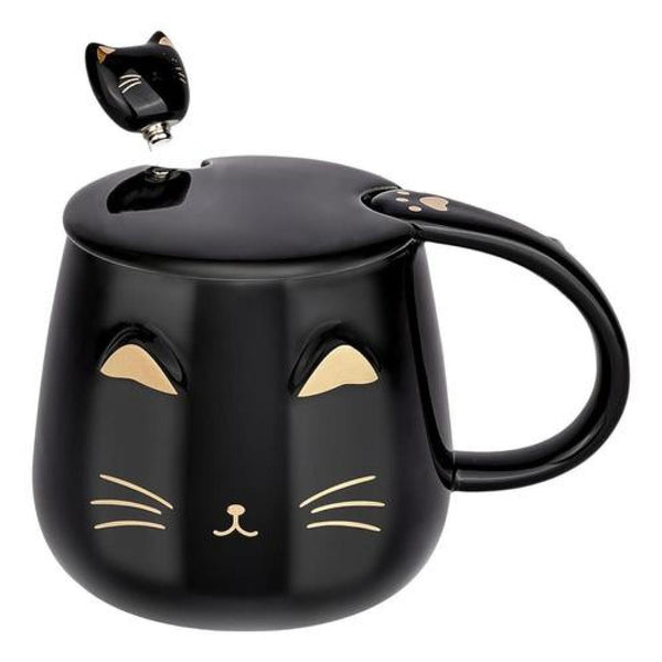 Tazón cerámica gato bigotes orejas dorados c/ tapa- cuchara