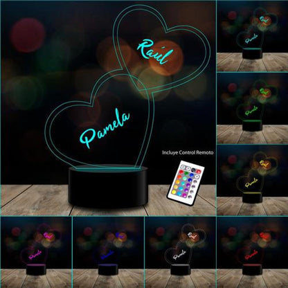 Lámpara 3D día del amor corazón personalizables c/ remoto