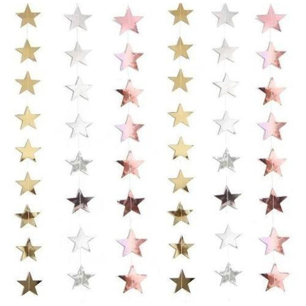 Guirnaldas De Papel Estrellas Espejo Oro Plata Rosa 4 Metros