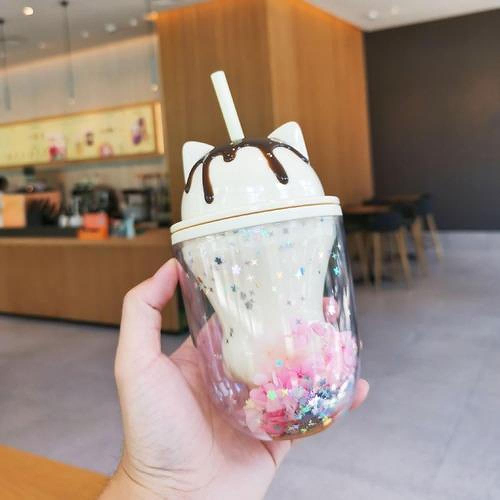 Vaso Patita Gato Glitter Kawaii Con bombilla