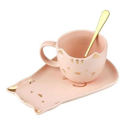 Set Cerámica tazón plato y cuchara cute cat dorado =^.^=