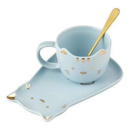 Set Cerámica tazón plato y cuchara cute cat dorado =^.^=