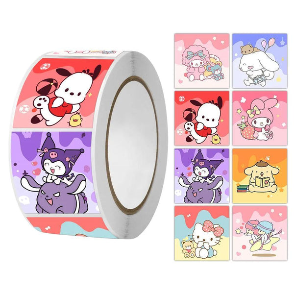 Rollo 500 u Sticker kawaii kuromi, kitty, Melody y amigos
