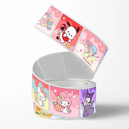 Rollo 500 u Sticker kawaii kuromi, kitty, Melody y amigos