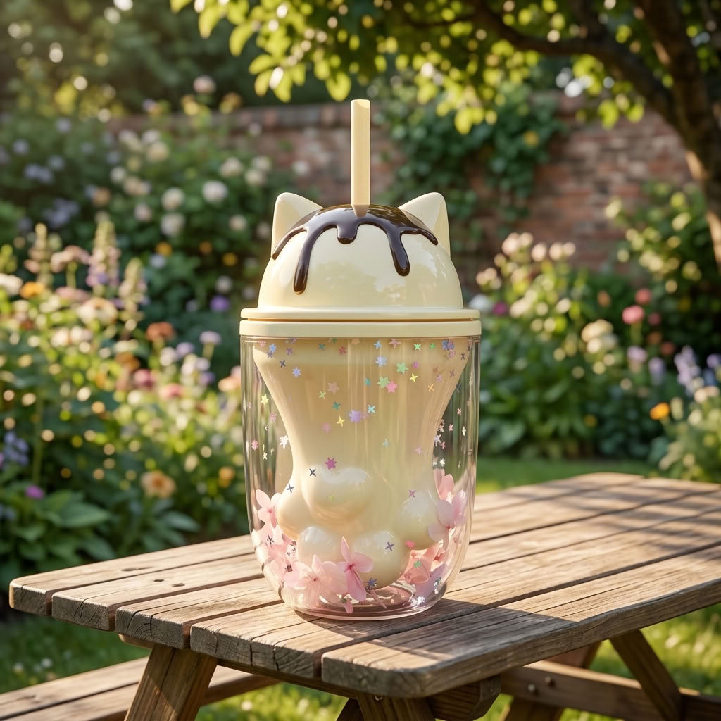 Vaso Patita Gato Glitter Kawaii Con bombilla