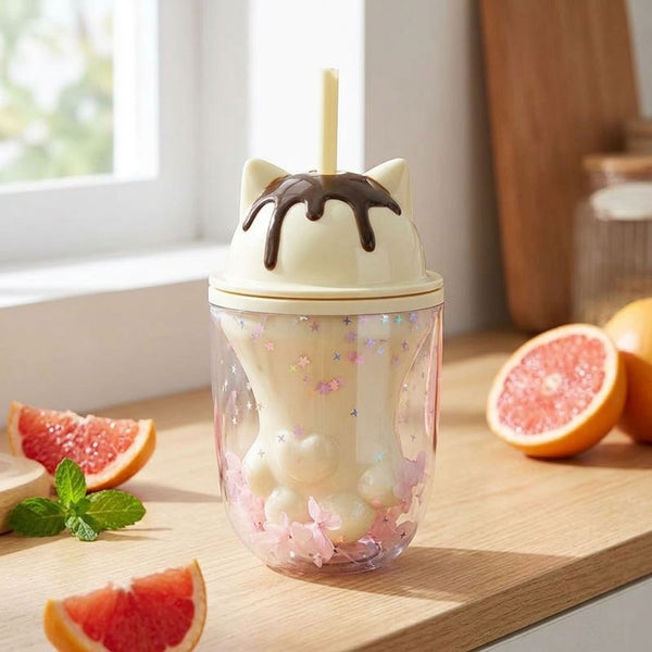 Vaso Patita Gato Glitter Kawaii Con bombilla