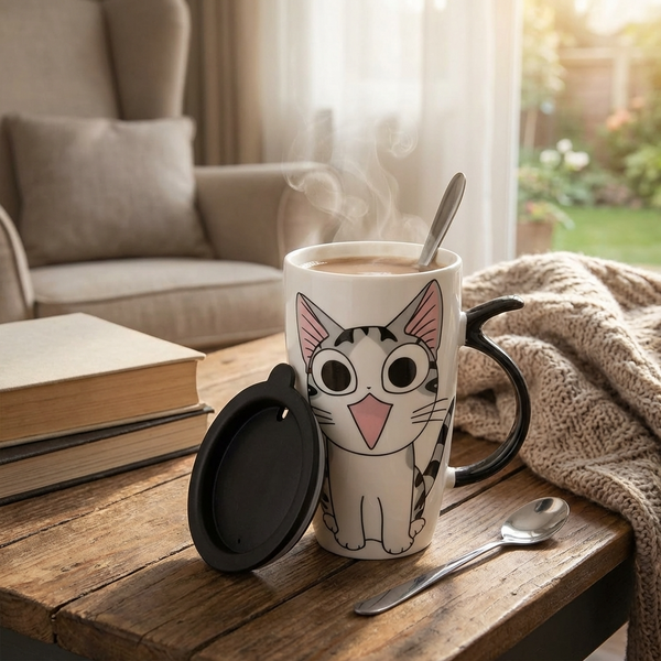 Tazón ceramica gatito Chi c/ tapa cuchara y bombilla