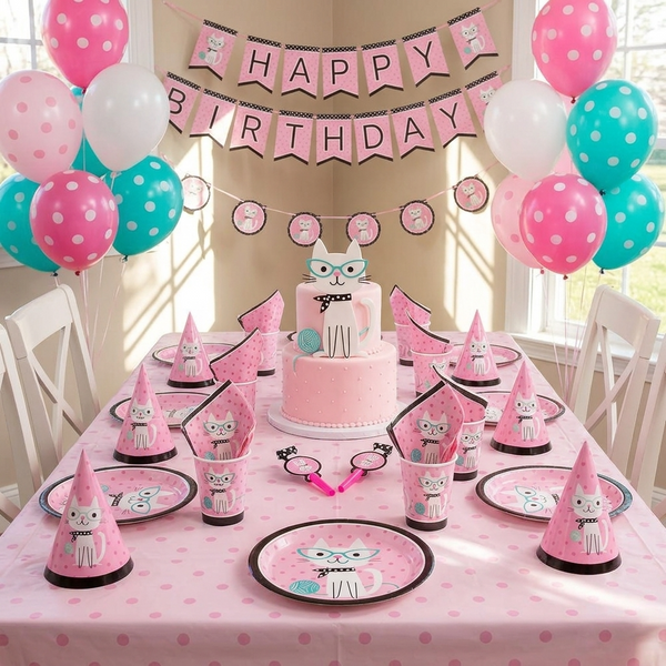 Set Cumpleaños gato Kitty Cat diva Purrfect Cotillón 6 uni