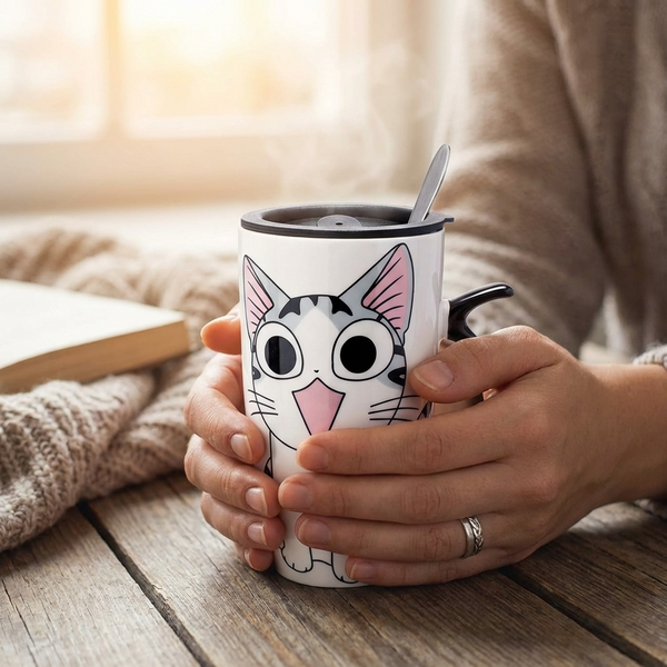 Tazón ceramica gatito Chi c/ tapa cuchara y bombilla