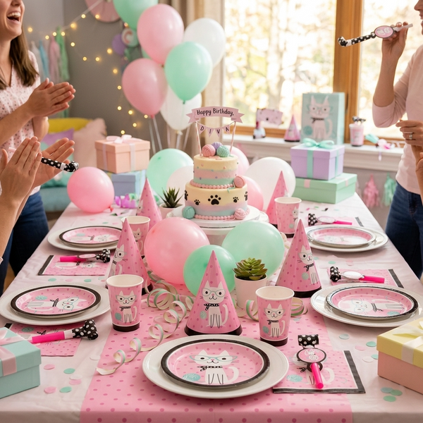 Set Cumpleaños gato Kitty Cat diva Purrfect Cotillón 6 uni