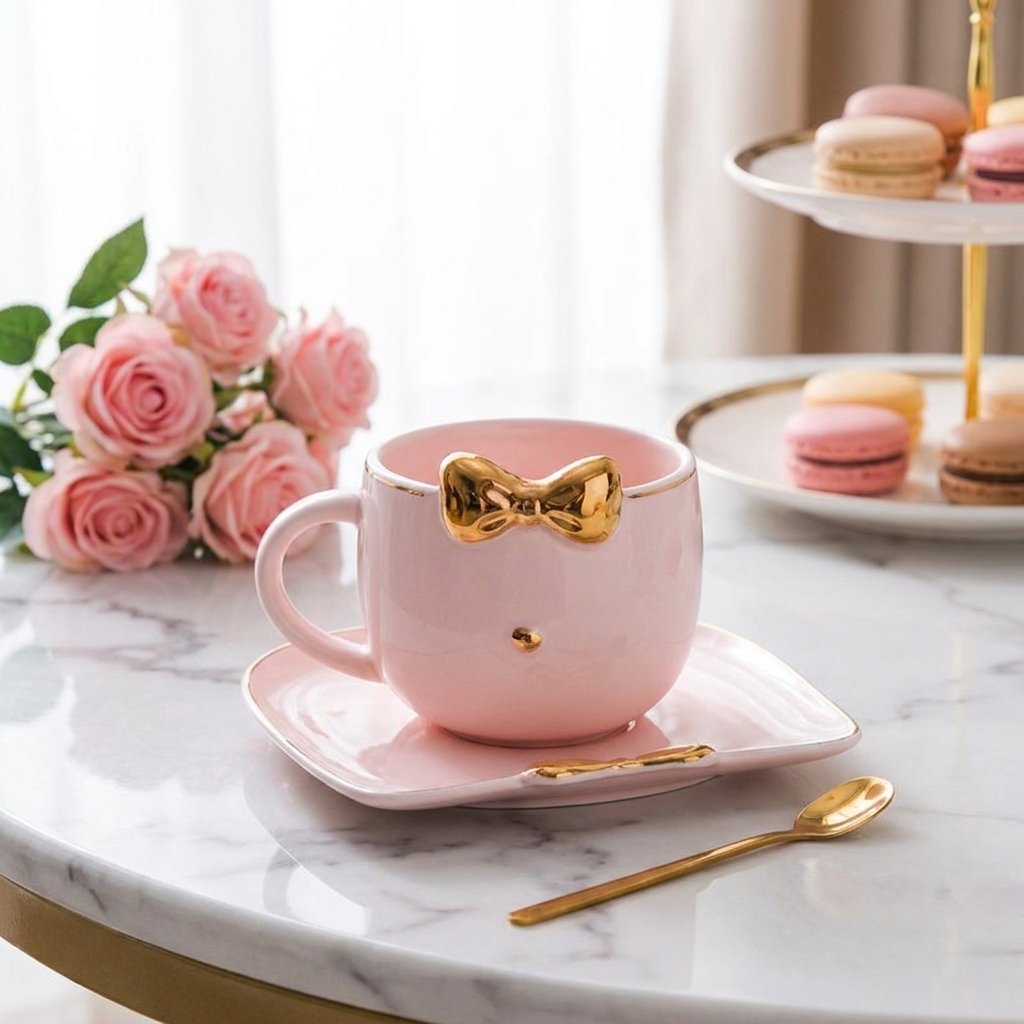 Set de Taza + plato + cuchara gatita diva kawaii so cute
