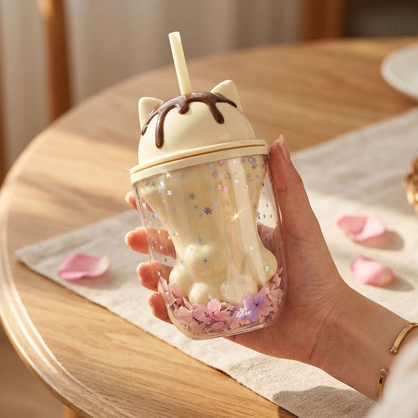 Vaso Patita Gato Glitter Kawaii Con bombilla