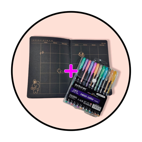 Set BTS BT21 agenda  Planner hoja negra dorado+ lápices neon