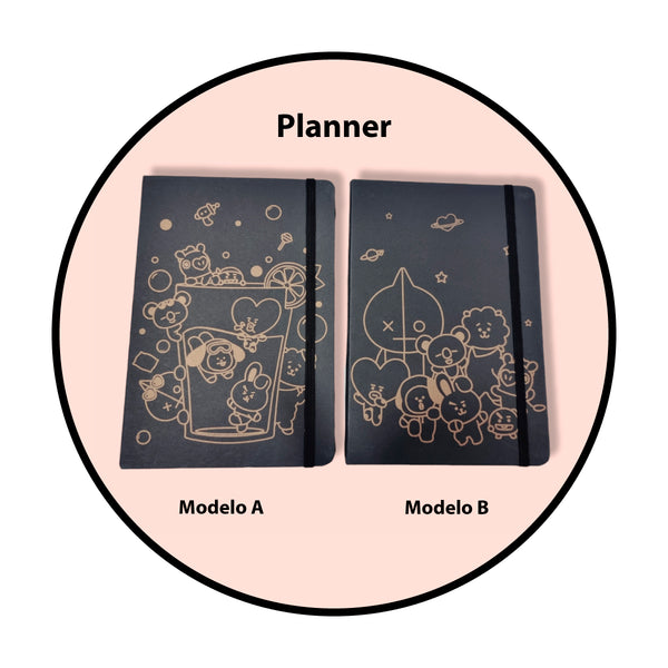 Set BTS BT21 agenda  Planner hoja negra dorado+ lápices neon