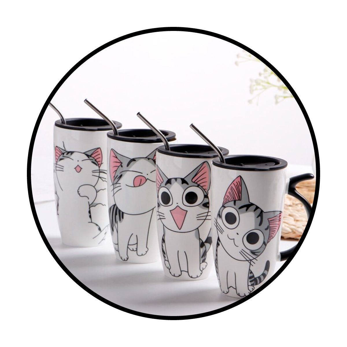 Tazón ceramica gatito Chi c/ tapa cuchara y bombilla
