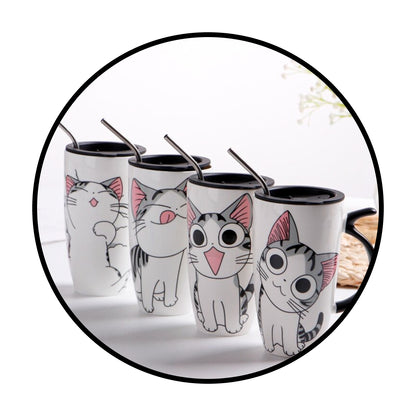 Tazón ceramica gatito Chi c/ tapa cuchara y bombilla