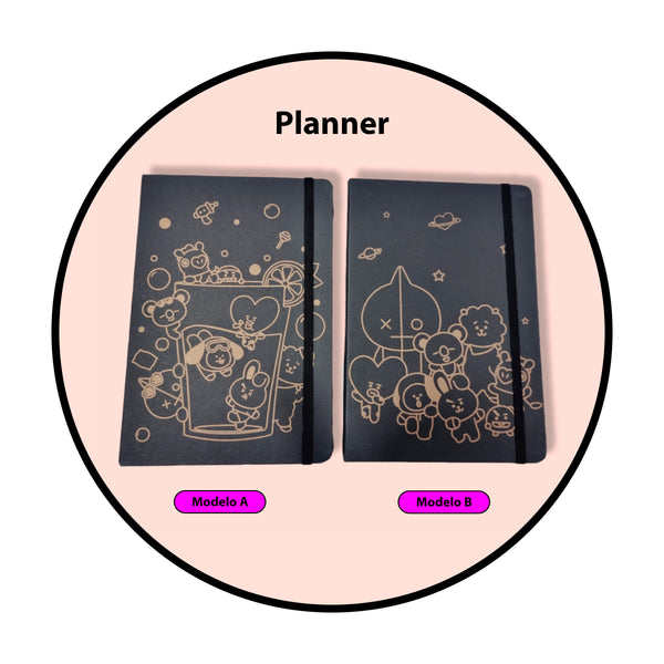Set BTS BT21 agenda  Planner hoja negra dorado+ lápices neon