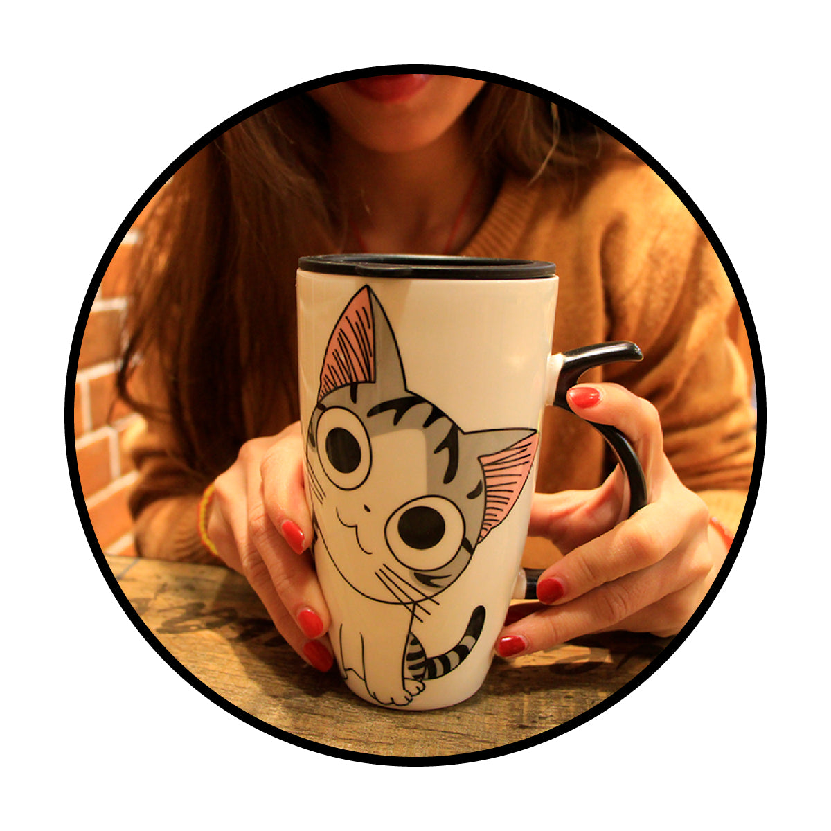 Tazón ceramica gatito Chi c/ tapa cuchara y bombilla