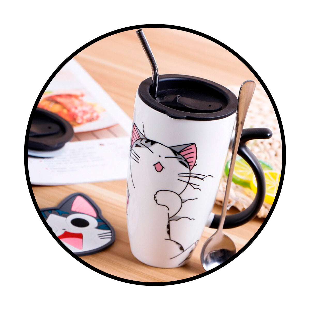 Tazón ceramica gatito Chi c/ tapa cuchara y bombilla