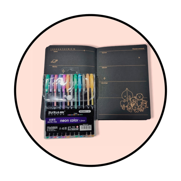Set BTS BT21 agenda  Planner hoja negra dorado+ lápices neon