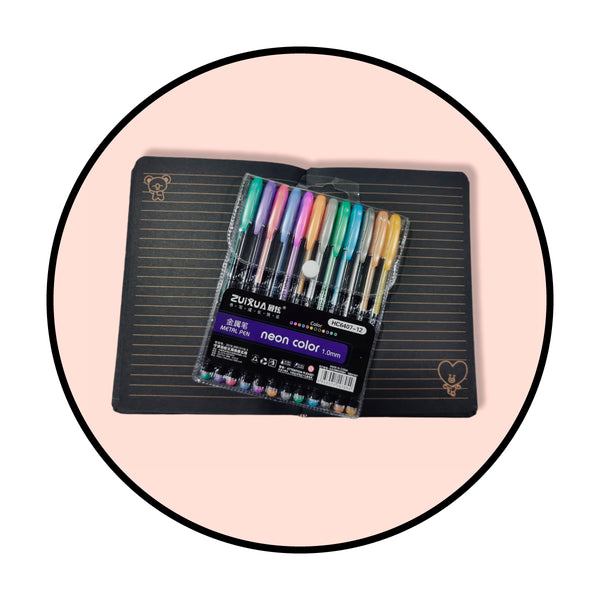 Set BTS BT21 agenda  Planner hoja negra dorado+ lápices neon