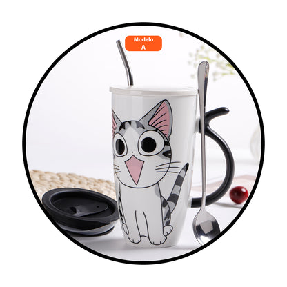 Tazón ceramica gatito Chi c/ tapa cuchara y bombilla