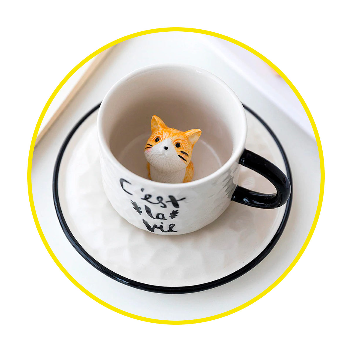 Taza con plato gato 3D escondido interior